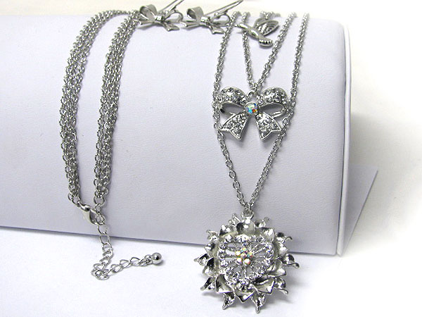 Crystal flower and ribbon and bird triple chain long necklace earring set