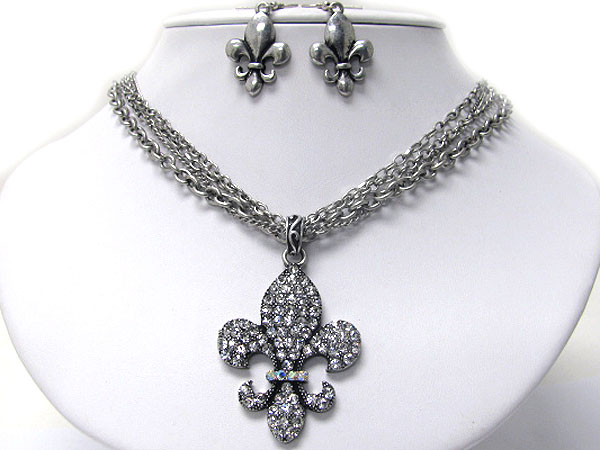 Crystal stud classic fluer de lis and multi chain necklace earring set