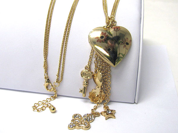 Antique flower paint on puff heart and multi charm drop long necklace