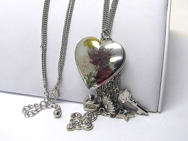 Antique flower paint on puff heart and multi charm drop long necklace