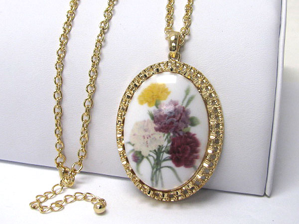 Antique flower paint and crystal edge long necklace