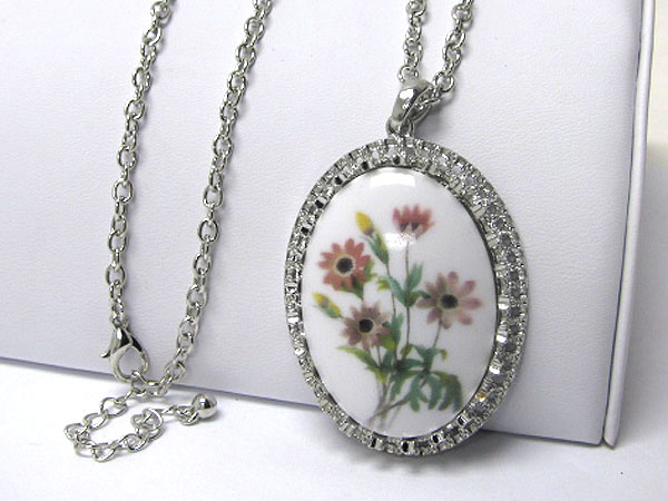 Antique flower paint and crystal edge long necklace