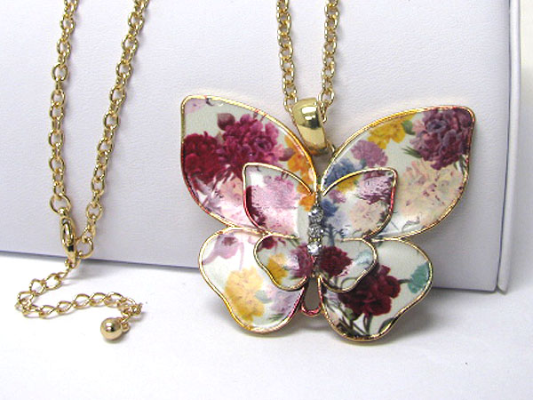 Antique flower paint on large double butterfly and crystal stud long necklace