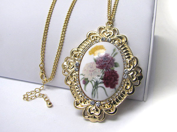 Antique flower paint and crystal edge and casting long necklace