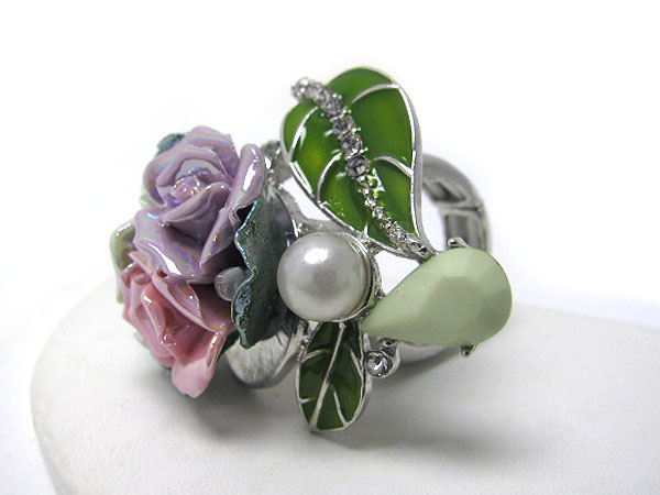 Crystal and hand paint flower stretch ring