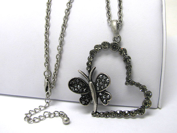 Crystal butterfly on heart long necklace