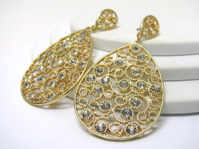 Crystal stud metal filigree oval drop earring