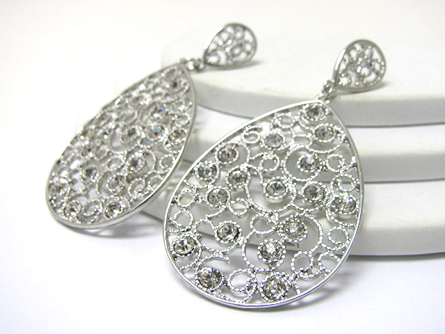 Crystal stud metal filigree oval drop earring