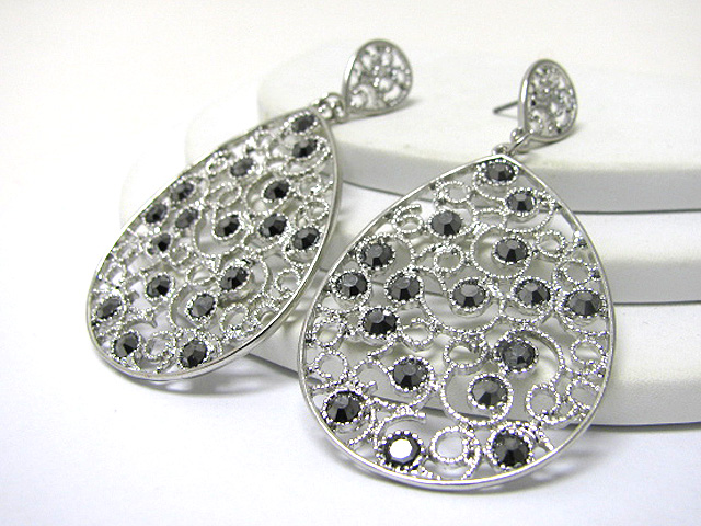 Crystal stud metal filigree oval drop earring