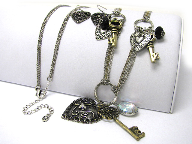 Textured metal heart and key charm dangle multi chain link long necklace earring set