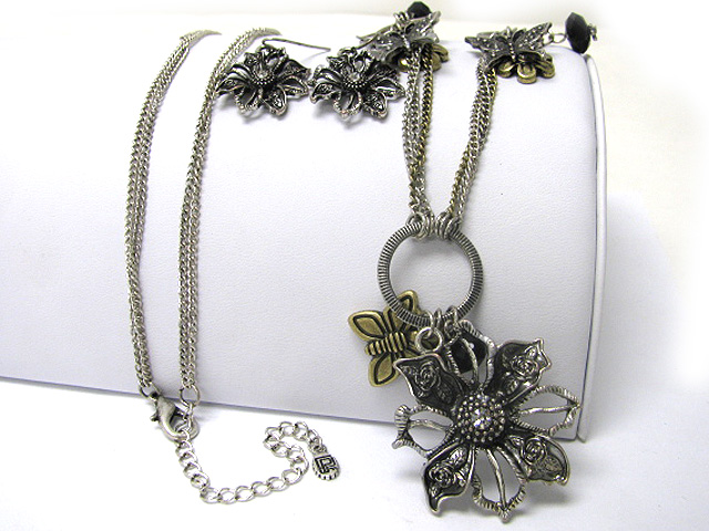 Textured metal butterfly and flower charm dangle multi chain link long necklace earring set