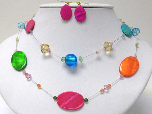 Colored shell disk and glass bead illusion necklace earring set