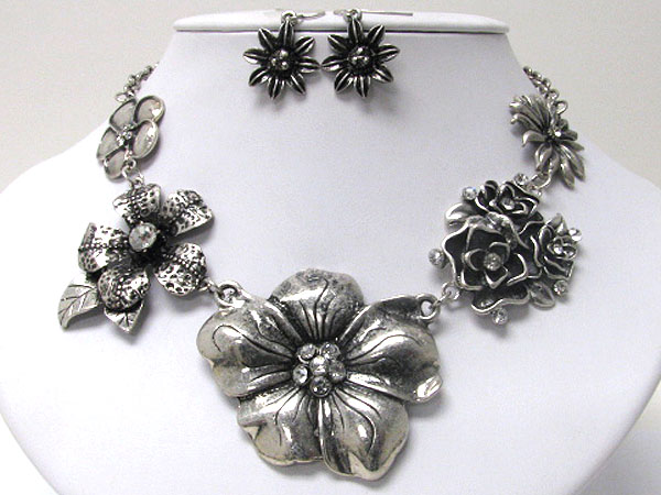 Crystal center multi metal flower link necklace earring set