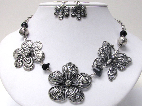 Crystal deco metal flower and butterfly necklace earring set