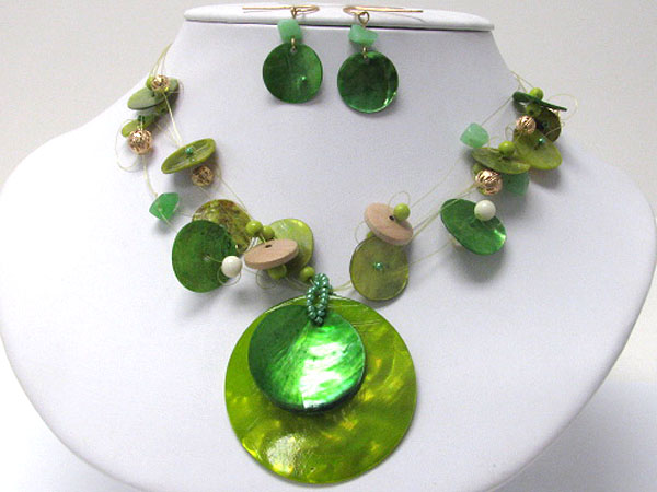 Multi shell disk link illusion necklace earring set