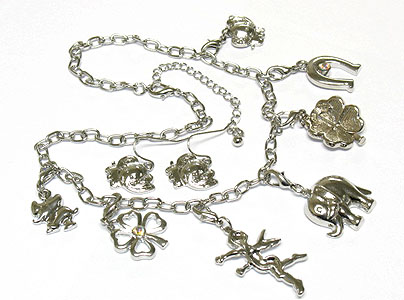 Multi lucky charm dangle necklace and earring set - elephant clover horse shoe angel