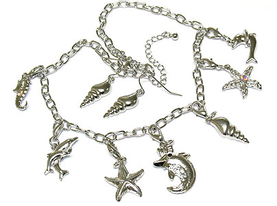 Nautical theme charm dangle necklace and earring set - starfish dolphin