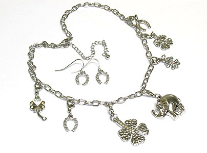 Multi lucky charm dangle necklace and earring set - elephant clover horse shoe