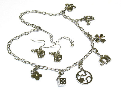 Multi lucky charm dangle necklace and earring set - elephant clover dice