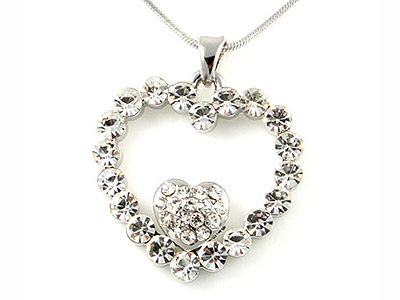 Made in korea whitegold plating double crystal heart necklace