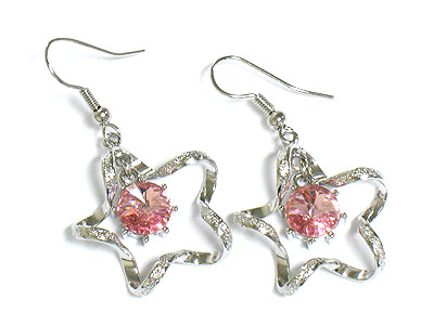 Made in korea whitegold plating twisted star and dangling crystal earring