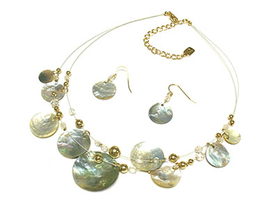 Dual strand shell disk necklace and earring set 