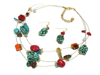 Multi strand turquoise stones and acrylic accesories necklace and earring set