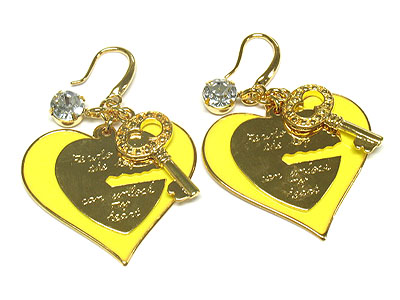 Enamel dual heart and crystal and key dangles earring