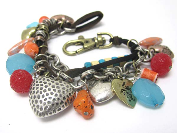 Multi metal heart and mixed stone dangle bracelet