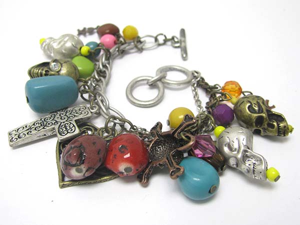 Multi metal heart and mixed stone dangle bracelet