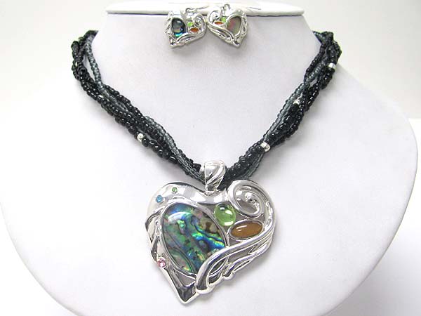 Abalone and mixed stone deco heart pendant multi beads necklace set