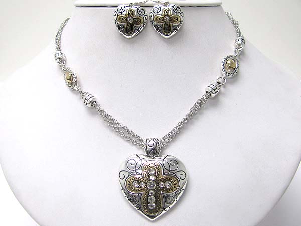 Crystal cross and metal texture heart pendant necklace set