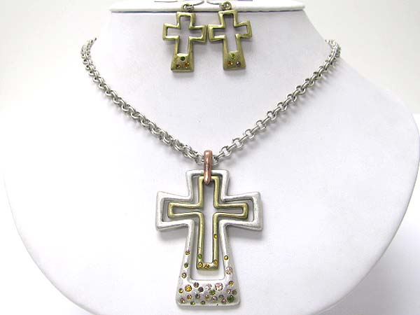 Crystal stud dual cross pendant necklace earring set