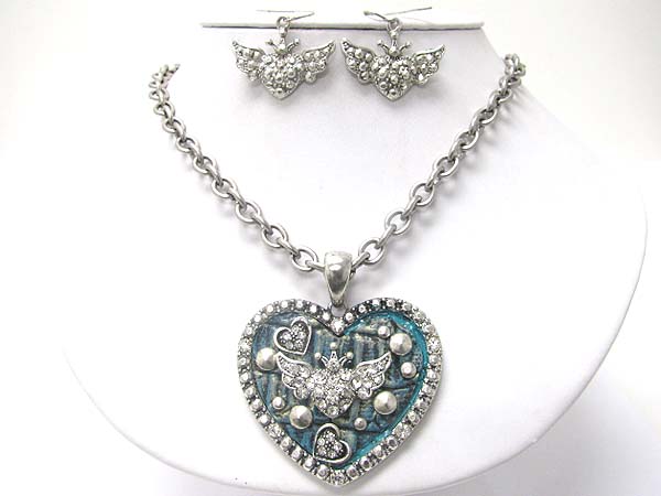 Crystal stud metal heart pendant pendant necklace set