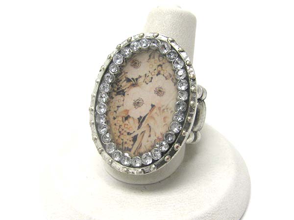 Crystal and flower picture stretch ring