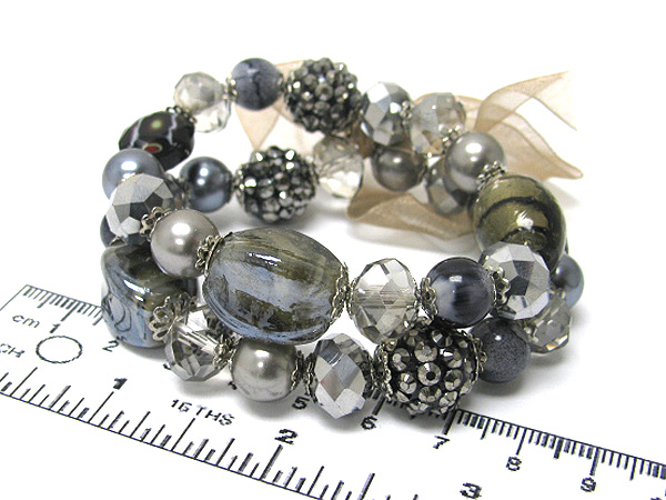 Pearl and glass stone ribbon stretch bracelet