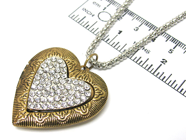 Crystal in heart locket metal chain necklace