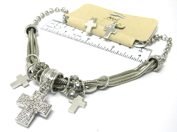 Crystal metal cross theme with crystal ring link drop charm chain necklace earring set