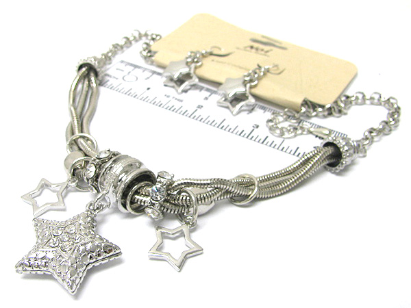 Crystal pebble star theme with crystal ring link drop charm chain necklace earring set