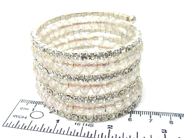 Four row rhinestone and facet class bead coiled stretch bracelet