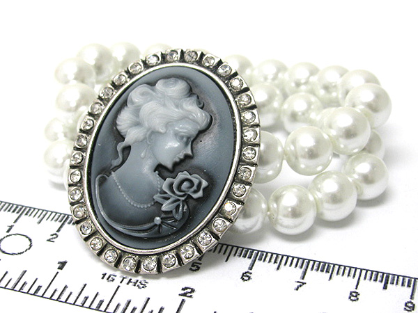 Crystal oval deco cameo double line pearl stretch bracelet