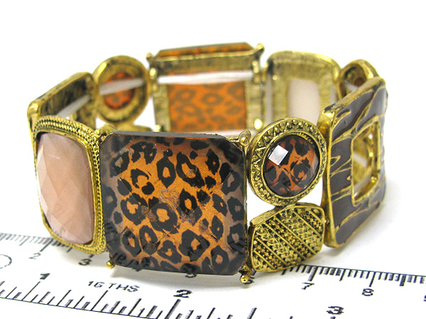 Crystal glass mixed and metal leopard print stretch bracelet