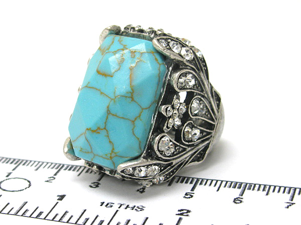 Facet turquoise stone rectangle and crystal side puffy stretch ring?