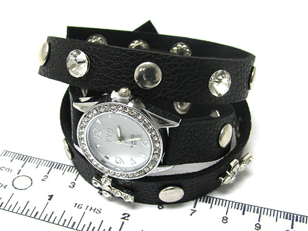 Crystal round face with multi crystal cross and metal on fashion leather bracelet button watch 