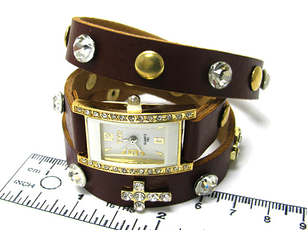 Crystal rectangle face with multi crystal cross and metal on leather fashion bracelet button watch