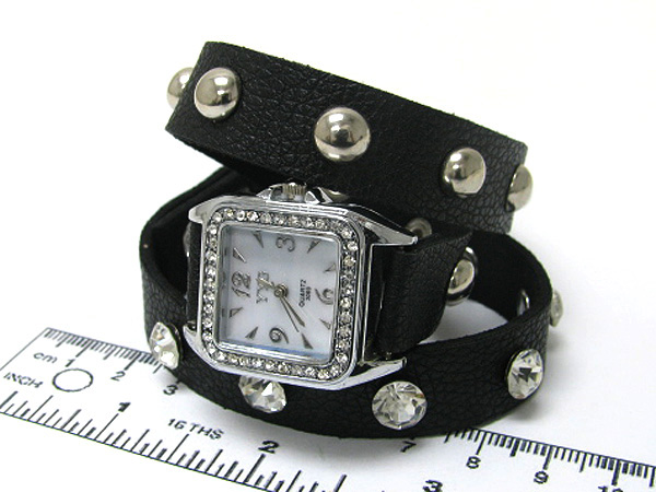 Crystal square face with multi crystal and metal on fashion leather bracelet button watch