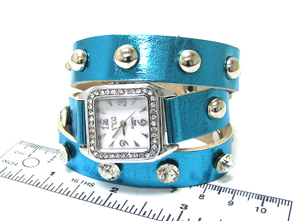 Crystal square face with multi crystal and metal on fashion bracelet button watch