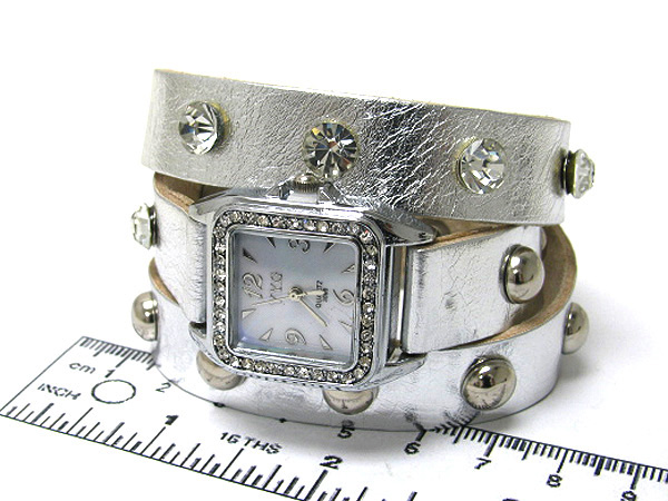 Crystal square face with multi crystal and metal on fashion bracelet button watch