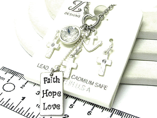 Metal faith love hope drop charm chain necklace earring set