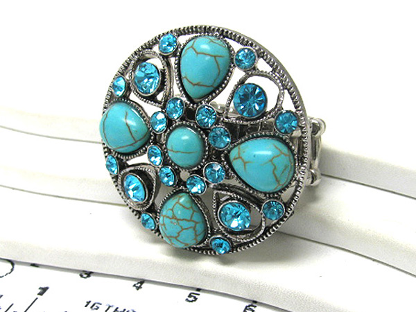 Multi size crystal round metal tear drop turquoise stone patern stretch ring